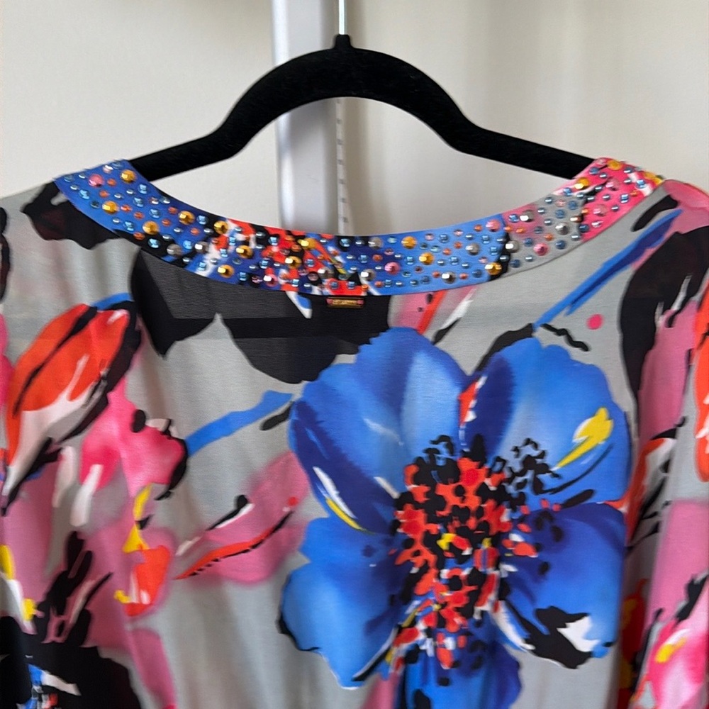 St. John silk blend floral tunic midi dress with rhinestone accents, size XL - Picture 4 of 12